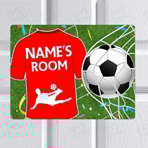 Personalised FOOTBALL Door Sign - Any NAME - Plaque - Boys or Girls Kids Gift - Bedroom Decor Gaming Room - Wall Art - Red Shirt