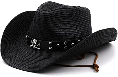 caoxhenr Chapeau de cowboy en paille Panama tissé pour homme et femme - Tête de mort en métal à large bord - Chapeau western avec ceinture, Noir, taille unique