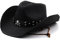 caoxhenr Chapeau de cowboy en paille Panama tissé pour homme et femme - Tête de mort en métal à large bord - Chapeau western avec ceinture, Noir, taille unique