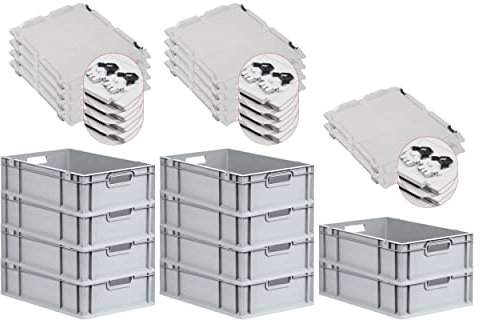 PROREGAL SuperSparSet 10x Eurobox NextGen Grip mit Scharnierdeckel und schwarzen Schiebeschnappverschlüssen, HxBxT 17x40x60cm, 34 L, Grau, Griffe offen, Eurobehälter, Transportbox