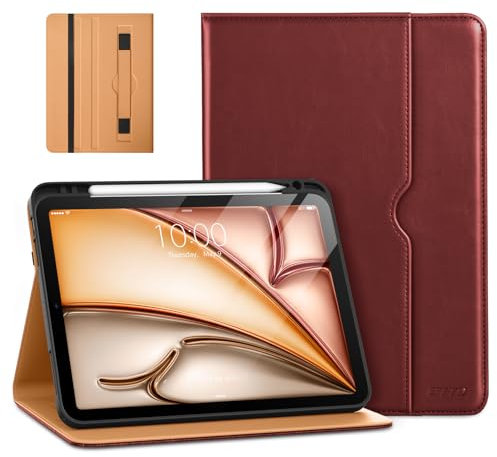 DTTO Funda para iPad Air de 11 pulgadas M3/M2 (2025/2024), iPad Air de 5ª / 4ª generación (2022/2020), funda de cuero de primera calidad con soporte para lápices, apagado y encendido automático, rojo