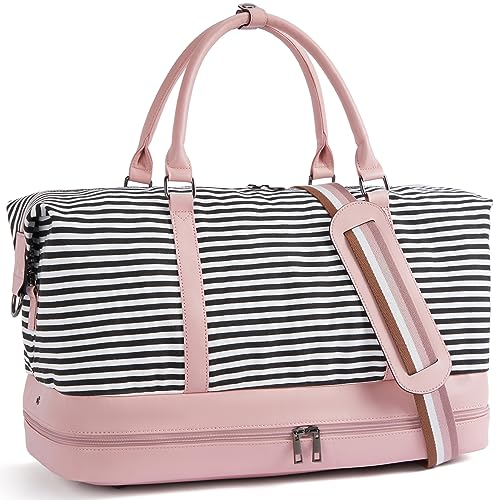 BOSTANTEN Reisetasche Damen, Faltbare Sporttasche Overnight Weekender Handgepäck für Frauen, Canvas Tasche Größe Duffel Taschen mit PU-Leder Schuhfach (Rosa)