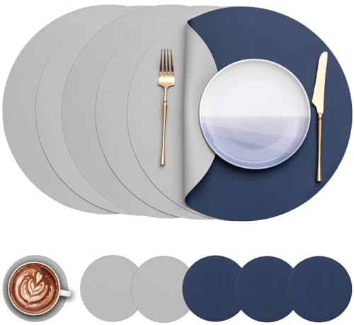 Myir JUN Tischsets 6er Set, Tischsets Abwaschbar Platzsets Rund Ø 38cm Platzdeckchen Rund Doppelseitigen rutschfest Platzsets Kunstleder Leder Tischset Lederoptik (Hellgrau Blau, 6er Set)