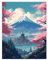Artery8 Japanese Temple on Mount Fuji Lake Painting Green Blue Pink Cherry Blossom Trees Blooming in Tranquil Forest Landscape Unframed Wall Art Print Poster Home Decor Premium