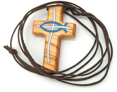 OVUNQUE PROTEGGIMI Kreuzanhänger aus Holz. Kreuzkette aus Olivenholz. Kreuz für Kinder. Geschenk.Taufe.Erstkommunion. Mit dem christlichen Symbol des Fisches. Mit Gebetbuch für Kinder. (Himmelblau)