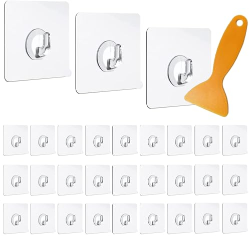Diompirux 30 Piezas Ganchos Adhesivos Transparente, Carga máxima de 10 kg, Gancho Autoadhesivo Impermeabl Sin perforación, Ganchos para Colgar Ideal para Baño,Cocina y Salón, Para Colgar llaves