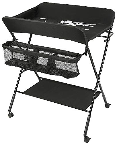 Belfoyer Wickeltisch Klappbar, Baby Klappbarer Wickeltisch mit Rollen und Wickelauflage, Wickelkommode Baby mit Motiv Giraffe, Höhenverstellbar, Platzsparend und Stabil (Schwarz)