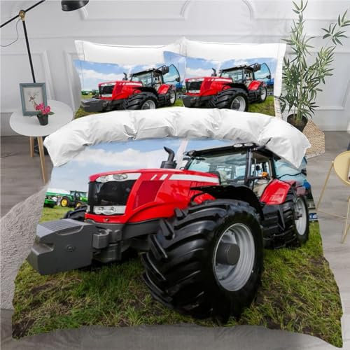MEVASA Bettwäsche 135x200 Traktor Bettwäsche-Set 3 Teilig 3D-Druck Mähdrescher Bettbezug 135x200 mit Reißverschluss Weiche Mikrofaser Kinderbettwäsche mit 2 Kissenbezug