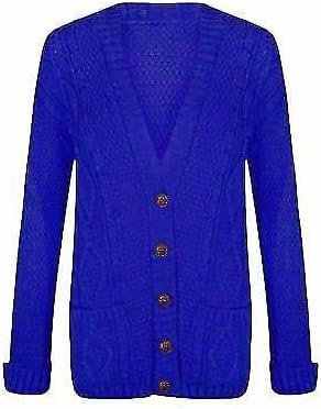 OutfitsbySMILE Women's Ladies Long Sleeve Button Top Chunky Aran Cable Knitted Grandad Cardigan Royal Blue UK Size 24/26