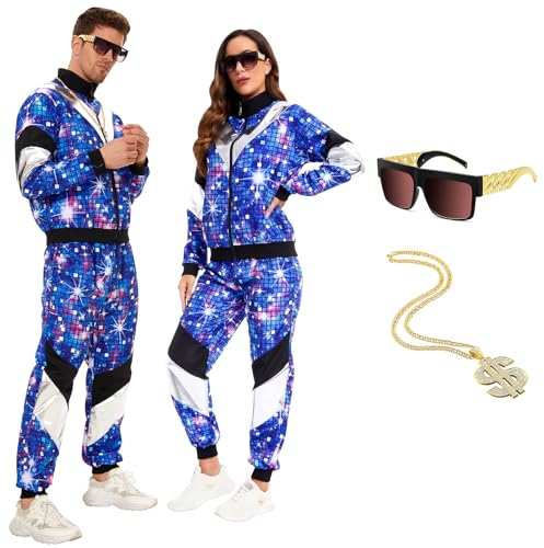 JONRRYIN 80s 90s Outfit Herren Damen, Kostüm 80s Tracksuit Disco Jacke und Hose, 80s 90s Retro Anzug Jogging Anzug Unisex mit Halsketten Brille für Bad Taste Party, Karneval (L)