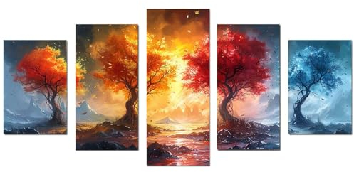 JOSUE 5 pezzi Quadro Albero Della Vita Da Parete Albero della Vita Quattro Stagioni Quadri Su Tela,Giallo Quadro Per Soggiorno Capezzale Camera Da Letto Ufficio-50x100cm Non incorniciato