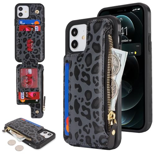 SailorTech iPhone 12/12 Pro Wallet Case with Card Holder and Zip - Black Leopard