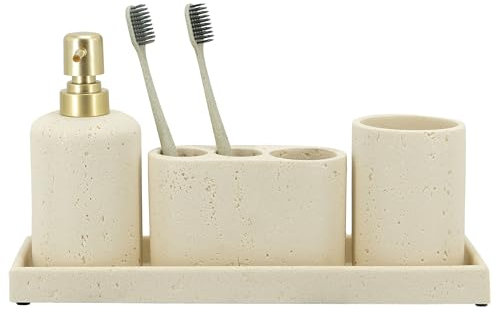 ZCCZ Set di 4 accessori da bagno beige con dispenser di sapone, porta spazzolino da denti, bicchiere da bagno e vassoio da toeletta, organizer decorativo per bancone