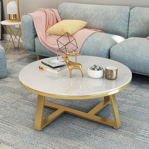 Table basse ronde en marbre, table de canapé de salon moderne, texture marbrée, table centrale ronde avec cadre de base en métal et coussinets de pieds réglables (dimensions : 60 cm, couleur : cadre