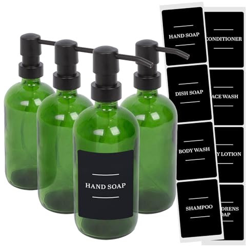 Harbour Housewares Glass Soap Dispensers with Labels - Green/Black - 4 Pack - 500ml Refillable Soap Dispensers Hand and Dish Liquid Pump for Bathroom, Kitchen, Laundry Room