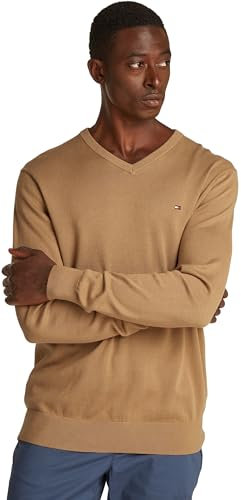 Tommy Hilfiger Men’s V-Neck Essential Cotton Jumper, Beige (Safari Canvas), L