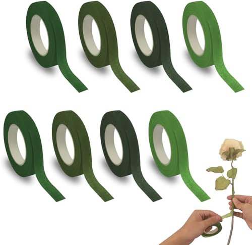 8 Rouleaux Floratape HXC 216 Mètres Vert Scotch Fleuriste Ruban Auto-adhésif en Papier Floral Tape pour Emballage de Tiges de Bouquet et Loisirs Créatifs(27 mètres/Rouleau)