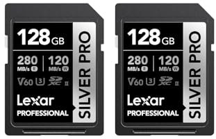 Lexar SILVER PRO SD Card 2x128GB, UHS-II SD Memory Card, V60, U3, C10, Up to 280MB/s Read/120MB/s Write, SDXC Card for DSLR/Camera/Professional Photographer/Videographer/Enthusiast(LSDSIPR128G-B2NAA)
