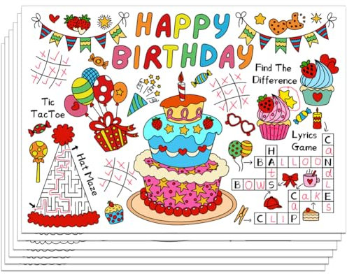WEBEEDY 30 Pcs Glücklich Geburtstag Platzsets zum Ausmalen 40 x 28 cm Esstisch Platzsets Set für Restaurants Unterhaltung Handwerk Party Tischzubehör