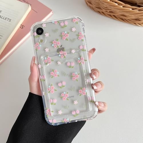 DEFBSC Case for iPhone XR, Transparent Back Card Holder Case, Floral Flower Pattern Print Design Ultra Slim Soft TPU Shockproof Clear Case with Card Slot for Back of Phone - Small Flower