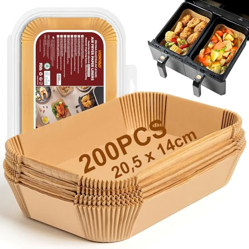 HONYAO Backpapier für Heißluftfritteuse Dual Zone, 200 Stück 20,5x14 cm Rechteckig Airfryer Pergamentpapier Liner kompatibel mit Air Fryer mit Doppelkammer 7,6 L - 10 L und Ninja Double Stack XL