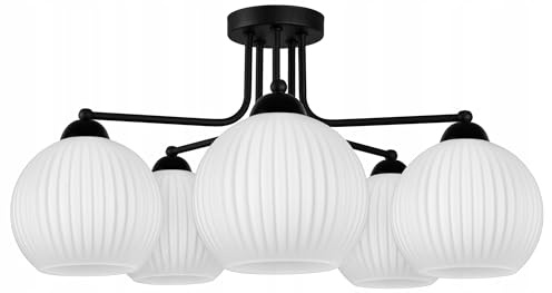 FKL DESIGN Home Deco Deckenlampe Deckenleuchte Schwarz-Weiß 5-flammig E27 Weiß Glas Lampenshirm Lampe aus Serie N899 (E5)