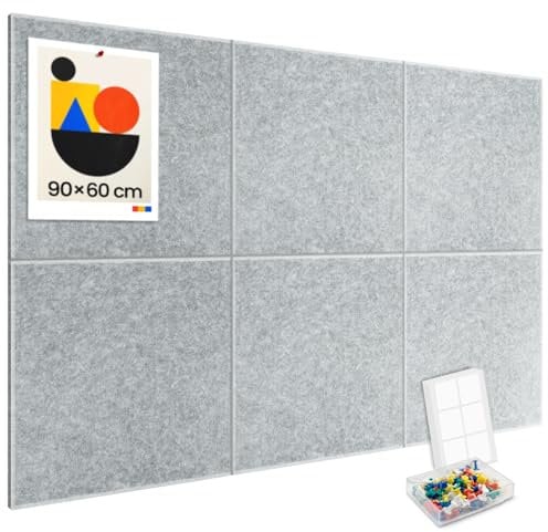 Large Kork-Bulletin Board für Wand 90x60cm, 6 Pack Filz-Wandfliesen mit 30 Pushpins, 25 sichere abnehmbare Klebetabs, dekorative Pinnwand Tack Board für Büro Haus Schule