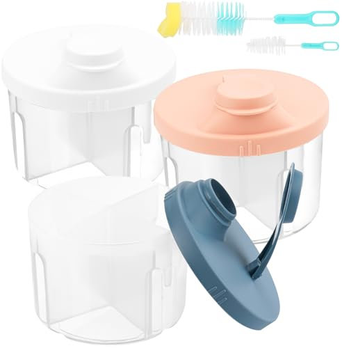 Sebudion Baby Formula Powder Dispenser, 3 Pcs Baby Milk Powder Dispenser Pots, 2 Pcs Cleaning Brush, 4 Compartment Formula Storage with Swivel Lid, Suitable for Traveling, Outdoor