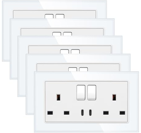 5 Pack CNBINGO Double Switched Power Glass Socket with Two Type-C USB Ports, 20W Fast Charging, 13 Amp Electrical Wall Socket, White Glass Wall Plate