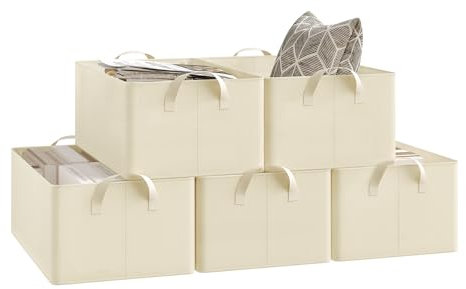 WOLTU Aufbewahrungsbox 5 Stück, aus Polyesterstoff, für Schlafzimmer, Arbeitszimmer, Wohnzimmer, Organizer Box mit Griffen, für Kleidung Spielzeug, faltbar, Creme, 47x20x28 cm