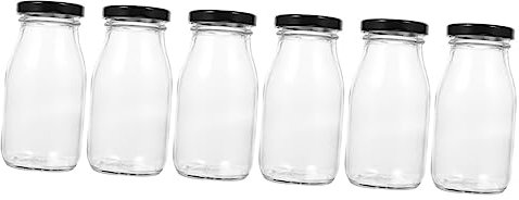 KICHOUSE Lot de 6 Bouteilles en Verre Couvercle 250 Ml Bouteille de Lait Réutilisable Contenants pour Boissons pour Lait Yaourt et Jus Design Vintage