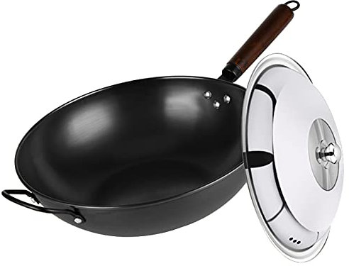 MYUYEE Wok Profond en Fonte – Poêle à Sauter Artisanale avec Couvercle et Double poignée à Fond Rond pour la Cuisine,