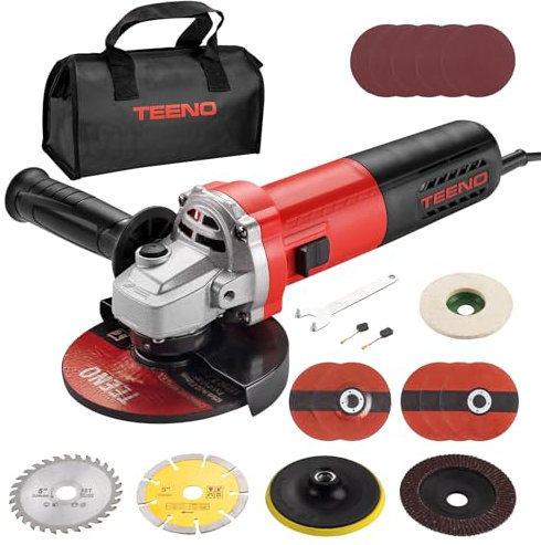 TEENO Winkelschleifer 1000W 2000-12000 U/min Mit 20 Zubehörteilen, Profi-Winkelschleifer Mit Werkzeugtasche,125mm Scheiben, Zum Trennen und Schleifen, Polieren, Metall, Holz, Keramik, Stein
