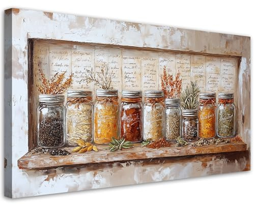 Feeby Leinwandbild - Bilder Wohnzimmer - Kräuter Gewürze Retro - 80x40 1tlg - Deko Schlafzimmer - Wanddekoration - Aesthetic - Groß Moderne Bild - Foto auf Leinwand