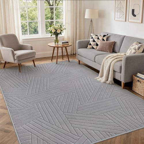 BEIMO Kurzflor Wohnzimmerteppich 160X230CM, Großer Flauschiger Langflor rutschfest Boho Hellgrau Teppich mit 3D Optik, Waschbarer Moderner Teppich für Schlafzimmer, Küche&Flur