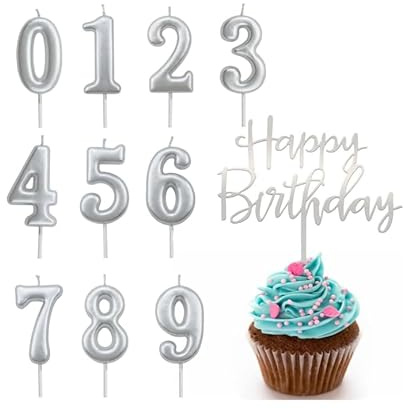 Velas de Cumpleaños Plateadas con Números del 0 al 9, Velas con Números para Tartas, Velas de Cumpleaños con Decoración para Tartas de Cumpleaños y Bodas