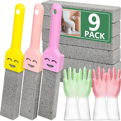 9 Stück Bimsstein Toilettenreiniger mit 3 Griff Cleaning WC Bimsstein | Reinigungsstein, Austauschbar, Stone Toilet, für Toilette, Bad, Waschbecken, mit 2 Rutschfeste Haushaltshandschuhe