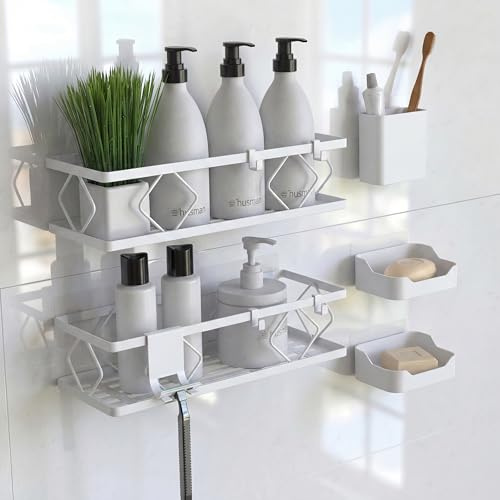 husman® Duschablage-Set ohne Bohren | Weiß | 10-teilig mit Ablaufrillen | Kleben statt Bohren | Duschkorb Wandregal Duschregal Badregal Deko Badezimmer Organizer Regal für Bad & Küche