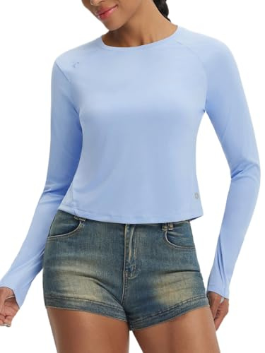 baleaf Womens UV Sun Protection Tops Long Sleeve Cropped Light Blue L