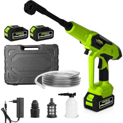 Wasserpistole Hochdruck 200W, 21V Akku Hochdruckreiniger Set mit 10x 1300mAh Akkus & Tragekoffer, 6-in-1 Sprühpistole, 6m Reichweite für Auto, Terrasse, Gartenreinigung