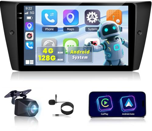 NHOPEEW 4+128G Radio para coche para BMW Serie3 E90 E91 E92 E93 2005-2013 con Carplay Android Auto - Pantalla incell de 9 pulgadas Compatible con WiFi GPS Control en el volante +Cámara de marcha atrás