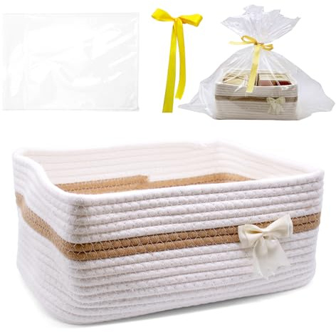 WYYFXY Präsentkorb Leer Geschenkkorb Geflochtener Korb für Geschenke (Weiß) | Geschenkkörbe mit Cellophantüten und Schleife, Korb Geschenk Baumwollseil Körbe für Geschenke, Feiertage, Geburtstage