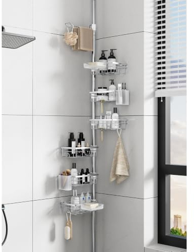 EXLECO Teleskop Duschregal mit 6 Duschkorb, Ohne Bohren, 78-308cm, Silber | Teleskopregal Bad verstellbar, Duschablage Teleskopstange, Badezimmer Regal Ecke mit Handtuchstange Bürstenhalter Seifendose