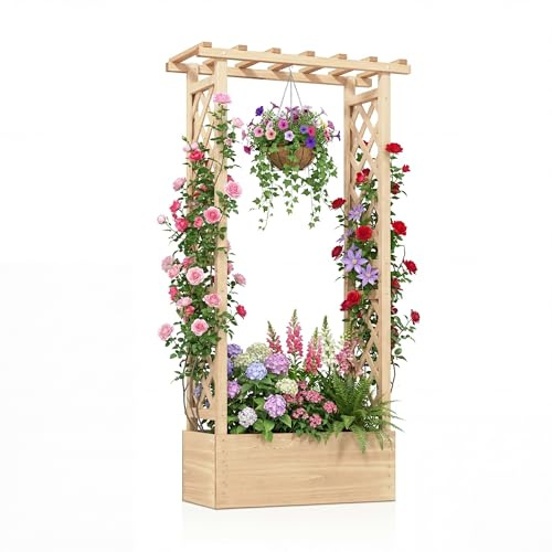 HOMASIS Jardinière avec 2 Treillis & Étagère de Toit, Parterre Surélevé avec Treillis, Bac à Fleurs en Bois pour Plantes grimpantes, Support de Plantes Jardin (Naturel,78x36x152cm)