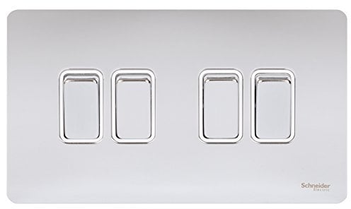 Schneider Electric Ultimate Screwless Flat Plate - 4 Gang Rocker 2 Way Light Switch, Single Pole, 16AX, GU1442WPC, Polished Chrome with White Insert