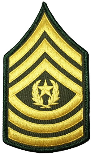 Ranger Return Aufnäher / Bügelbild / Bügelbild, Motiv: U.S. Army Sergeant E-9 Major Rank Stripe Army Uniform Chevron zum Aufbügeln auf Arm Schulter bestickt – Gold auf Grün (Iron-E9)