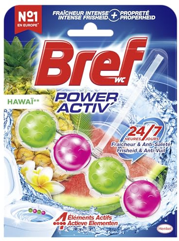Bref WC Power Activ' – WC-Reinigungsblock – Exotic Hawaii – 1 WC-Block mit 50 g – + 50 % Antikalk – 4 Wirkstoffe – Sauberkeit + Frische