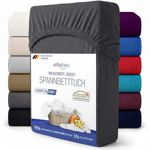 EllaTex Spannbettlaken 180x200–200x220 extra hoch 40 cm – 200 g/m² Baumwolle-Elastan, Spannbetttuch für Boxspringbett & Wasserbett, elastisch & strapazierfähig, Farbe: Anthrazit-Grau