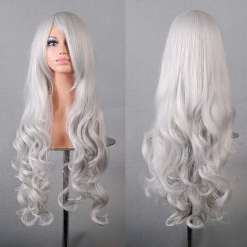 Zinsale 80cm Lange lockige Perücken Hitzebeständig Synthetik Harajuku Perücke Lolita Cosplay Haarteil (Silber Weiss)