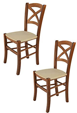 Tommychairs - Set 2 chaises Cross pour Cuisine, Bar et Salle à Manger, Robuste Structure en Bois de hêtre peindré en Couleur Noyer Clair et Assise rembourrée et revêtue en Tissu Couleur Chanvre